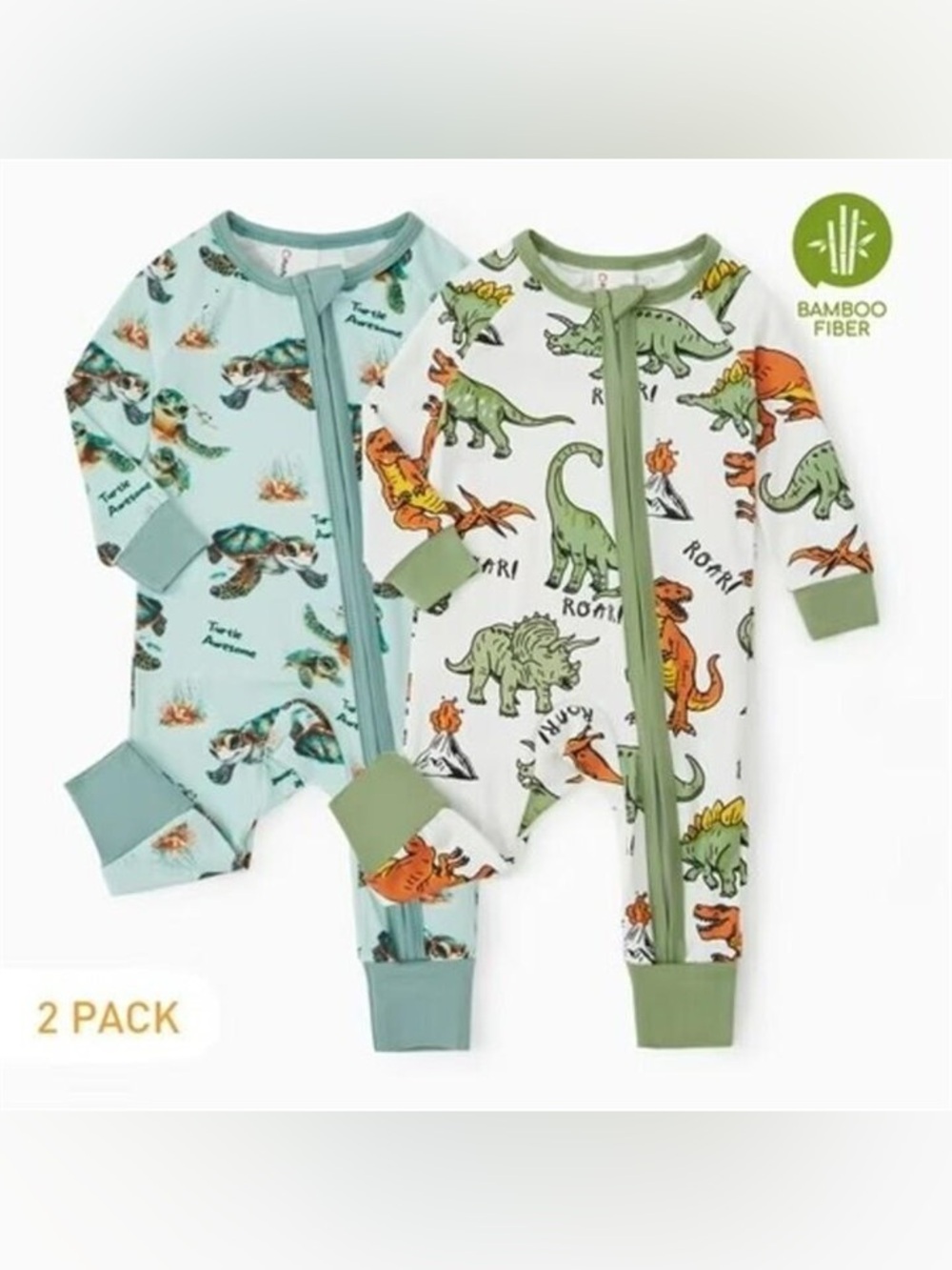 PatPat Green & Light Blue Dino Bamboo Fiber Kids One-Piece Footies
